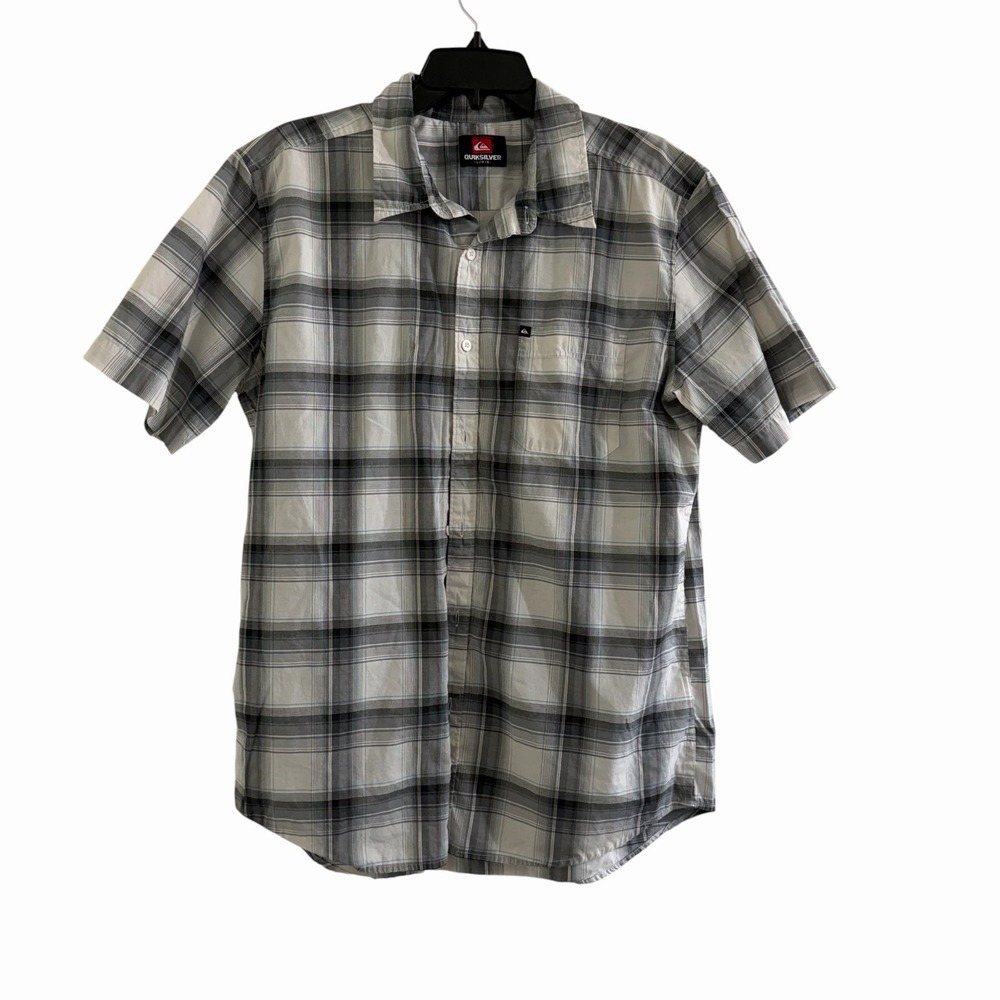 Quiksilver Mens Large Grayโ Plaid Short Sleeve Button Up Casual Cotton Shirt L